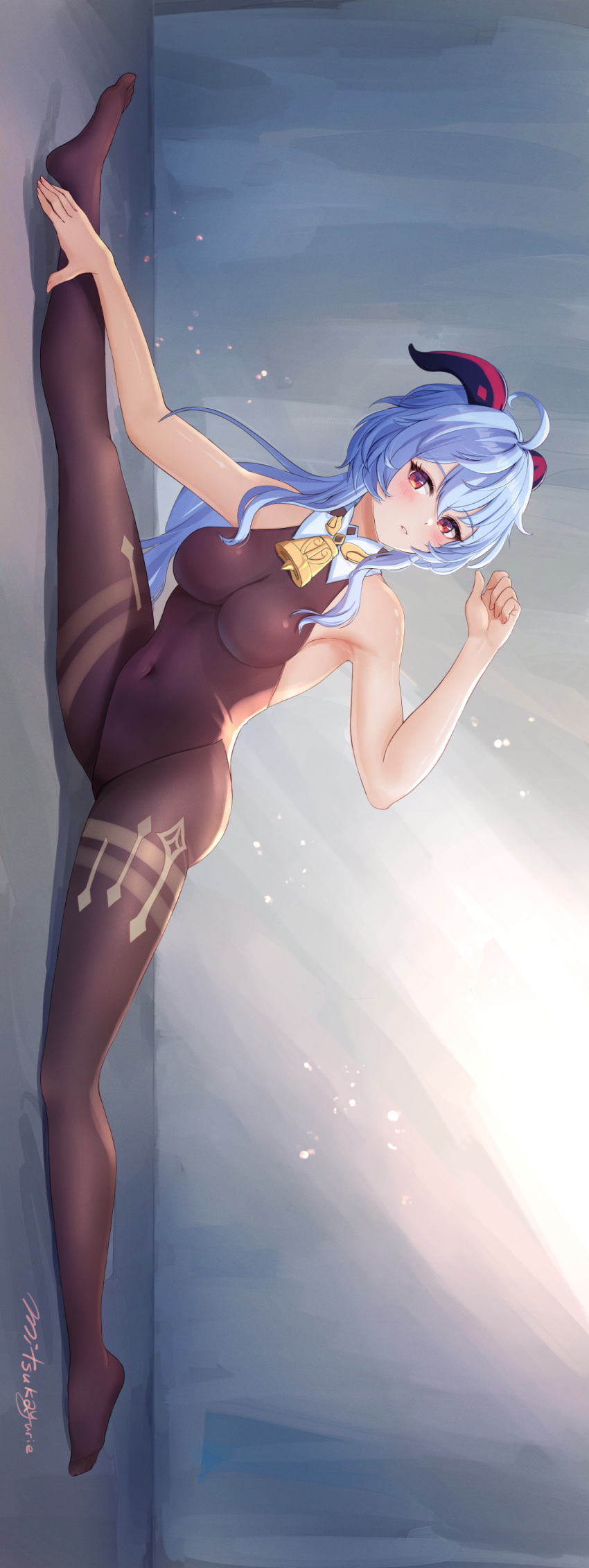 1girl absurdres ahoge bare_arms bare_shoulders bell blue_hair blush bodysuit breasts commentary_request covered_navel full_body ganyu_(genshin_impact) genshin_impact goat_horns highres horns large_breasts long_hair looking_at_viewer mitsukayurie parted_lips red_eyes sleeveless split_theme thighs