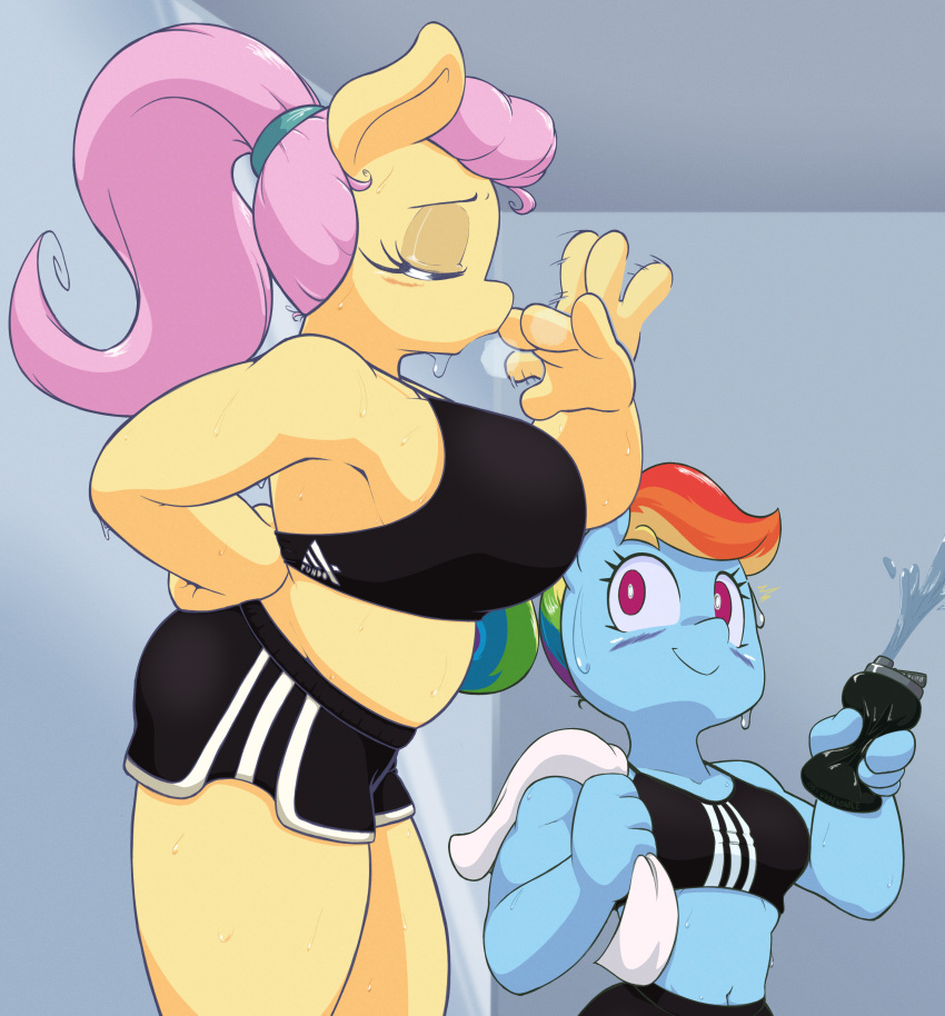 2023 absurd_res anthro big_breasts blue_body bodily_fluids breasts clothed clothing duo equid equine female fluttershy_(mlp) four-pundo friendship_is_magic hair hasbro hi_res horse mammal multicolored_hair my_little_pony pink_hair pony rainbow_dash_(mlp) rainbow_hair sweat water yellow_body