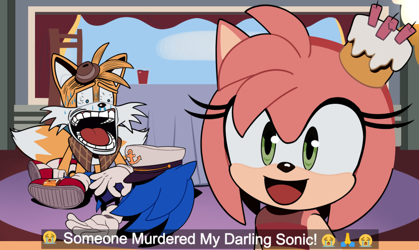 amy_rose anthro april_fools canid canine death eulipotyphlan family_guy_death_pose female fox group happy hedgehog hi_res male mammal meme miles_prower sad sega simple_background snapchat sonic_the_hedgehog sonic_the_hedgehog_(series) the_murder_of_sonic_the_hedgehog trio