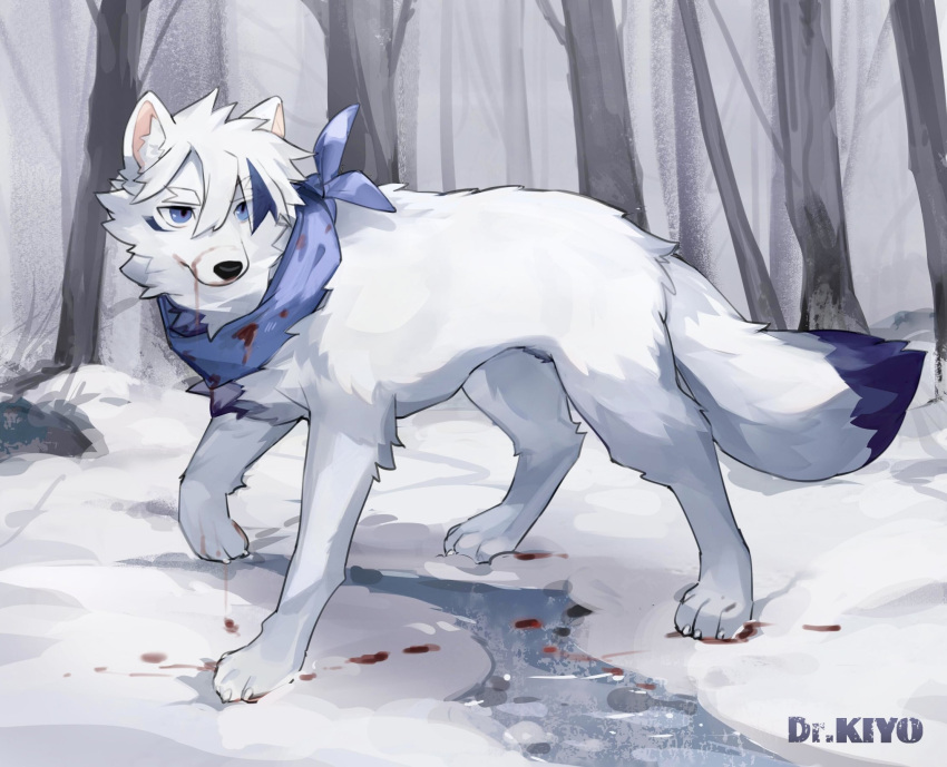 blood blue_eyes bodily_fluids canid canine claws dipstick_tail dr.kiyo eyebrows feral fur hi_res kemono male mammal markings paws plant quadruped snow solo tail tail_markings tree white_body white_fur