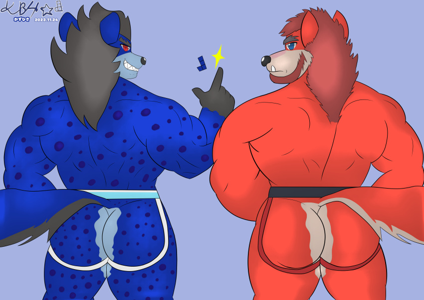 2023 absurd_res anthro big_butt big_muscles blue_body blue_eyes blue_fur blush butt canid canine canis clothed clothing duo embarrassed fur grinning_at_viewer hi_res hyena jockstrap jockstrap_only kazuhisa kbh_yeen kemoteto_yakuza_project looking_at_viewer looking_back male mammal muscular muscular_male red_body red_eyes red_fur reddy_(kbh_yeen) sparks spotted_hyena tetromino topless underwear underwear_only wolf