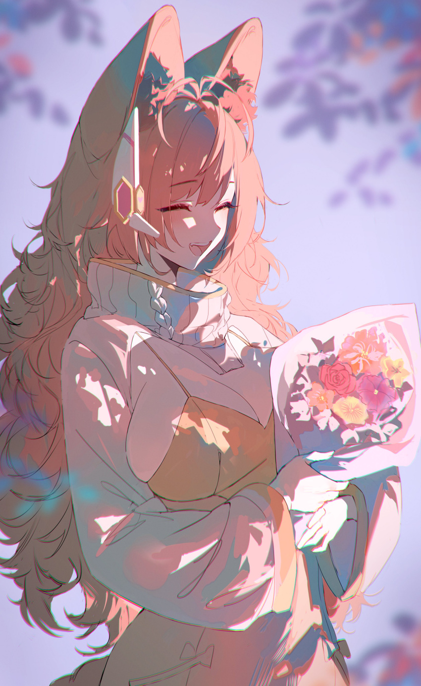 1girl :d ^_^ absurdres ahoge animal_ear_fluff animal_ears bouquet breasts choppy_bangs cleavage closed_eyes cropped_legs dress fang fox_ears fox_girl fox_tail foxplushy highres holding holding_bouquet indie_virtual_youtuber large_breasts long_hair shrug_(clothing) smile tail vivixstar wavy_hair white_shrug yellow_dress