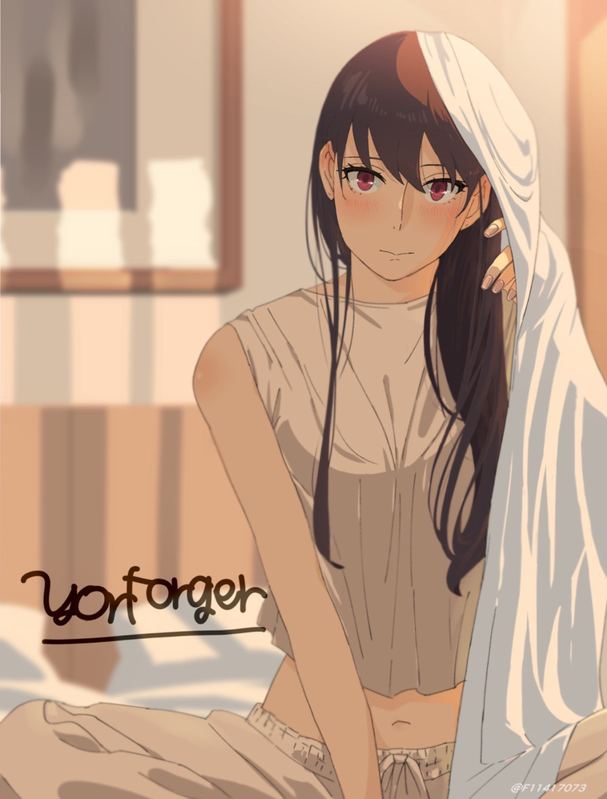 1girl bare_shoulders black_hair blanket blurry blurry_background blush character_name closed_mouth commentary crop_top ear_blush f11417073 hair_between_eyes highres indian_style indoors long_hair looking_at_viewer midriff_peek morning navel red_eyes sitting sleepwear solo spy_x_family tank_top twitter_username white_tank_top yor_briar