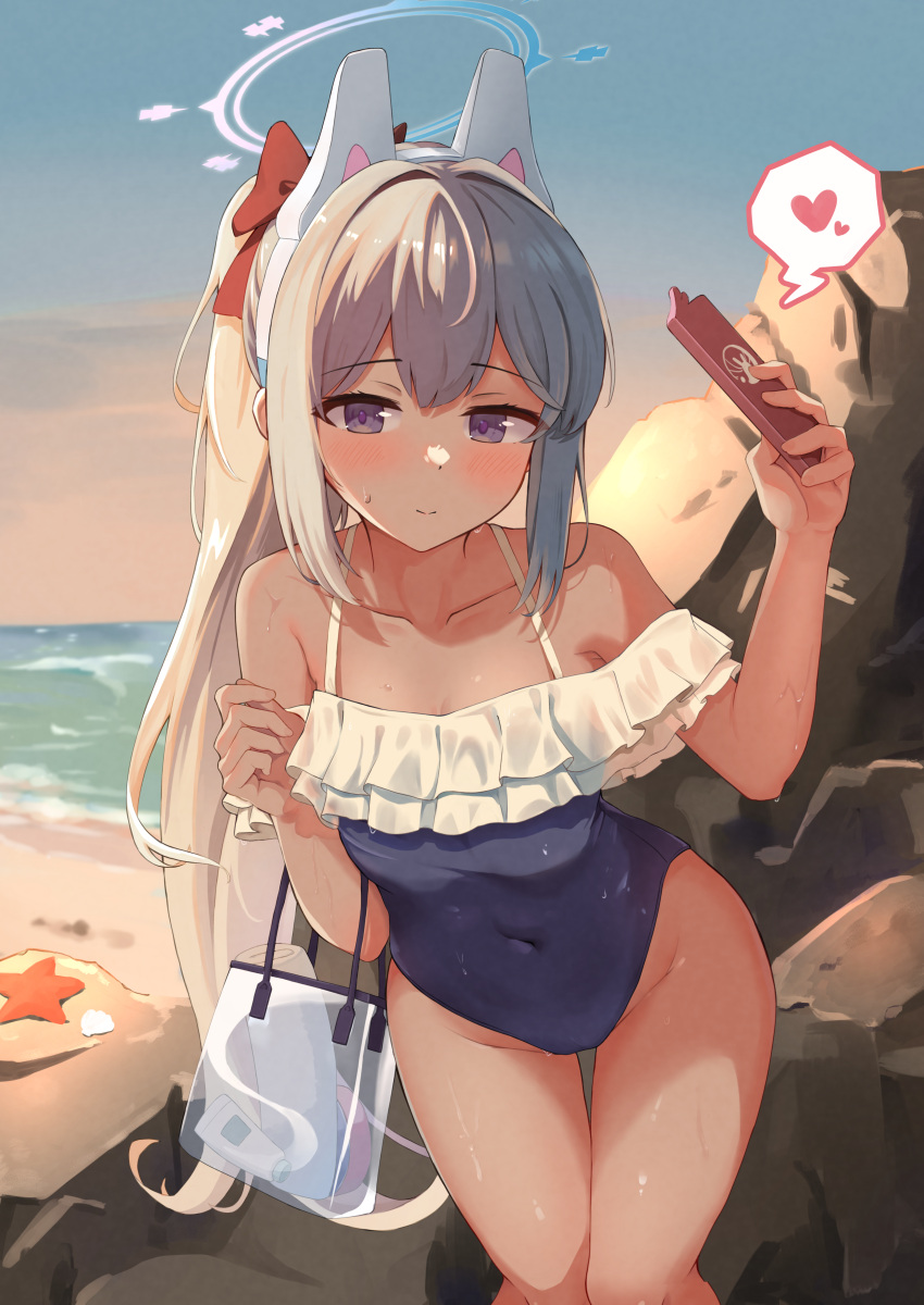 1girl absurdres animal_ears beach blue_archive blue_halo blue_one-piece_swimsuit collarbone commentary_request covered_navel facing_viewer fake_animal_ears feet_out_of_frame frilled_one-piece_swimsuit frills grey_hair hair_ribbon halo hands_up heart highres holding holding_phone kuroliu_9021 leaning_forward long_hair looking_down miyako_(blue_archive) miyako_(swimsuit)_(blue_archive) ocean off-shoulder_one-piece_swimsuit off_shoulder official_alternate_costume one-piece_swimsuit outdoors phone ponytail purple_eyes red_ribbon ribbon sky solo spoken_heart standing starfish swimsuit transparent_bag two-tone_one-piece_swimsuit