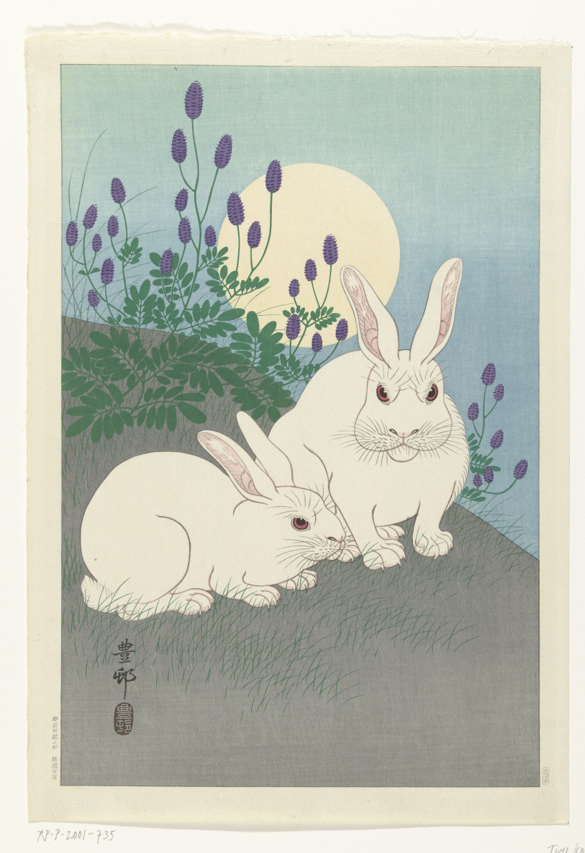 20th_century absurd_res ambiguous_gender ancient_art claws duo feral fur hi_res inner_ear_fluff japanese_text lagomorph leporid long_ears looking_at_viewer mammal moon ohara_koson outside paws plant quadruped rabbit red_eyes scut_tail short_tail sky tail text traditional_media_(artwork) tuft whiskers white_body white_fur