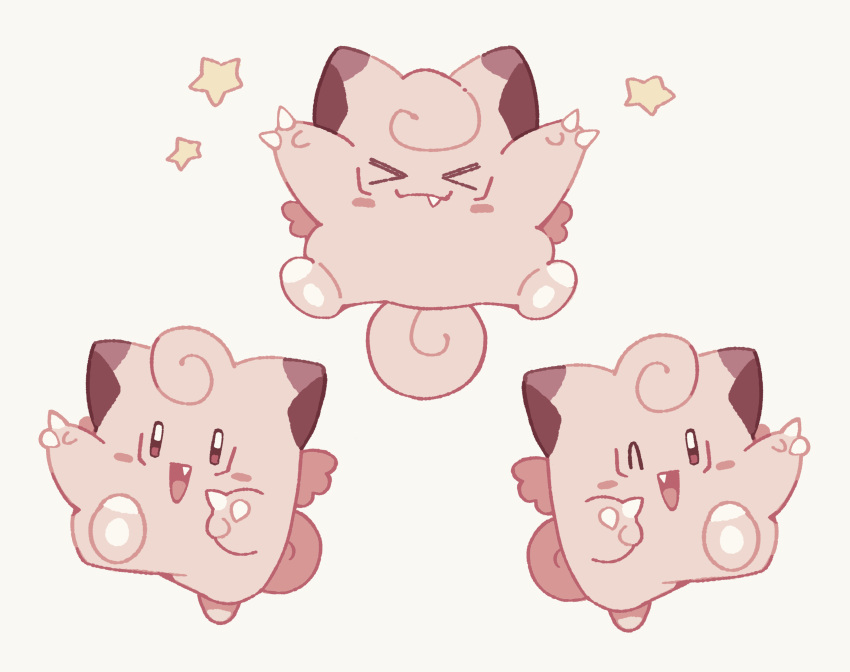 &gt;_&lt; absurdres clefairy closed_eyes closed_mouth commentary double_v english_commentary fang full_body highres looking_at_viewer magicact multiple_views no_humans one_eye_closed open_mouth pokemon pokemon_(creature) simple_background smile star_(symbol) v white_background