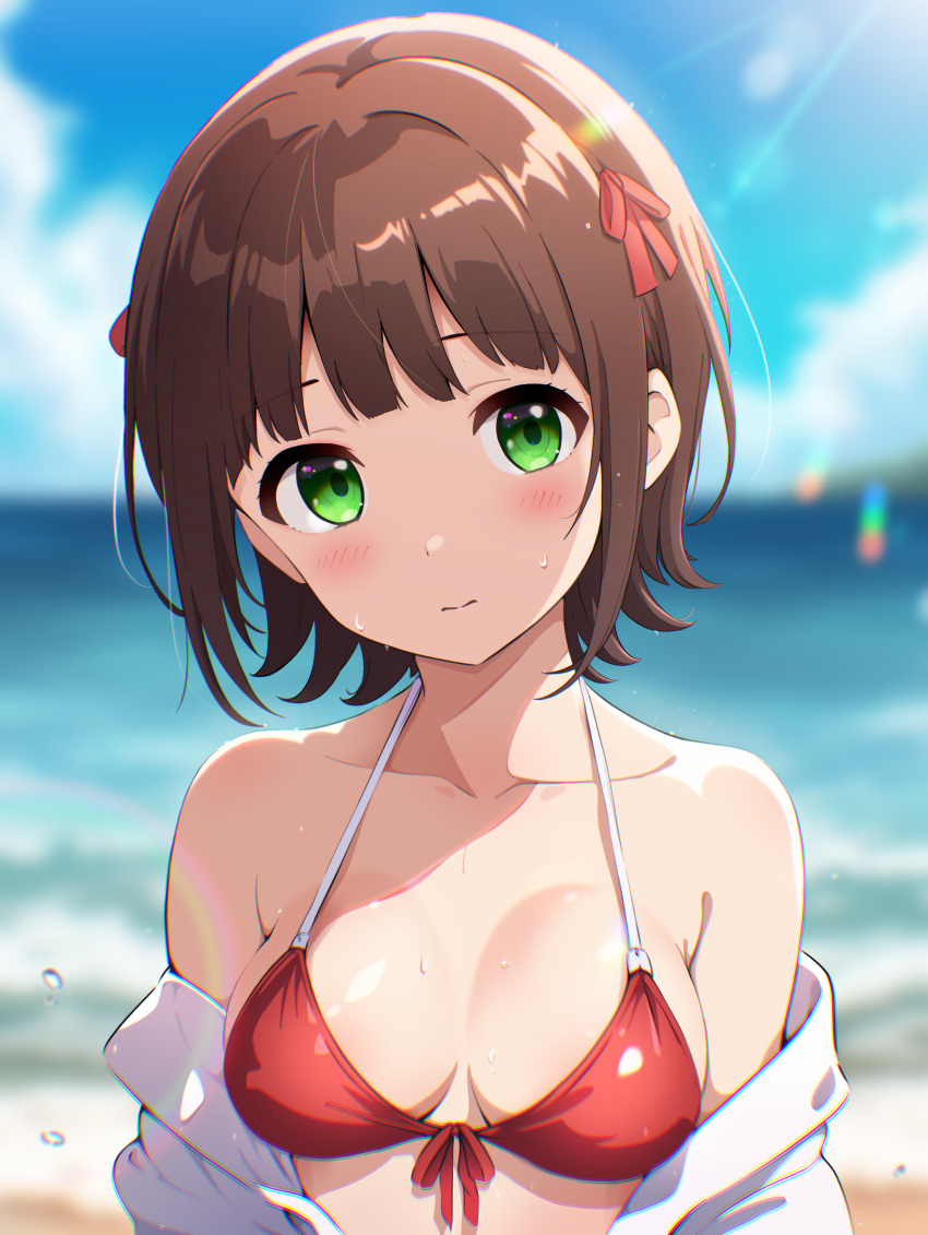 1girl absurdres amami_haruka beach bikini blue_sky blurry blurry_background blush breasts brown_hair chromatic_aberration collarbone commentary_request day green_eyes gyorui_(katsuwo_drawing) hair_ribbon highres idolmaster idolmaster_(classic) jacket looking_at_viewer medium_breasts off_shoulder open_clothes open_jacket outdoors red_bikini red_ribbon ribbon shiny_skin short_hair sky solo sunlight sweat swimsuit water white_jacket