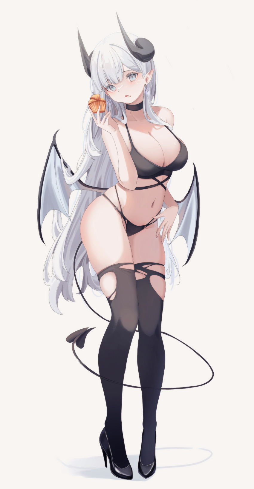 1girl absurdres bare_shoulders bikini black_bikini black_choker black_footwear black_thighhighs blunt_bangs breasts cake_walker choker cleavage collarbone cross cross_earrings cupcake demon_girl demon_horns demon_tail demon_wings earrings eating food food_on_face full_body grey_eyes grey_hair high_heels highres holding holding_food horns jewelry large_breasts long_hair looking_at_viewer mole mole_under_eye navel open_mouth original pointy_ears simple_background skindentation solo standing swimsuit tail thighhighs torn_clothes torn_thighhighs very_long_hair white_background wings