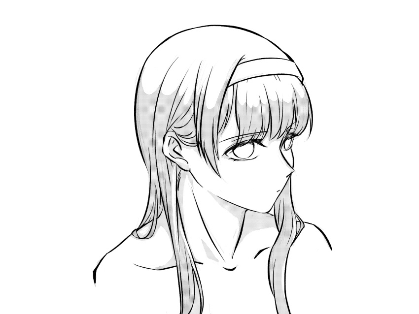 1girl chinese_commentary closed_mouth collarbone commentary_request cropped_torso hair_behind_ear hairband haoxiangkan_nutong highres kyou_wa_kanojo_ga_inai_kara screentones simple_background solo taki_fuuko upper_body