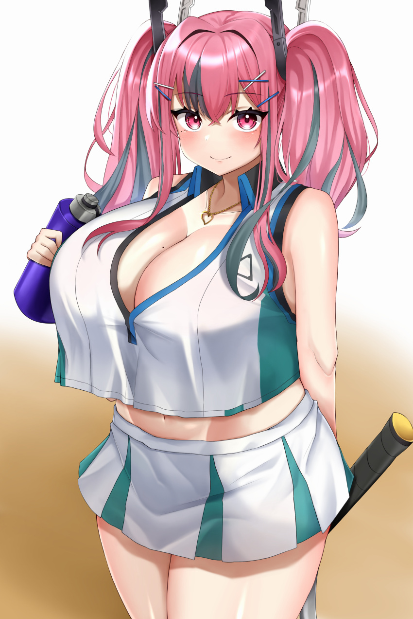 1girl absurdres arm_behind_back azur_lane bare_shoulders black_hair blue_trim blush bottle breasts bremerton_(azur_lane) bremerton_(scorching-hot_training)_(azur_lane) brown_background cleavage closed_mouth collarbone crop_top crop_top_overhang crossed_bangs glint gold_necklace gradient_background green_shirt green_skirt groin hair_between_eyes hair_intakes hair_ornament hairclip heart heart_necklace highres holding holding_bottle holding_racket huge_breasts jewelry long_bangs looking_at_viewer midriff mole mole_on_breast mole_under_eye multicolored_hair multicolored_shirt navel necklace official_alternate_costume pink_eyes pink_hair racket raised_eyebrows shirt skirt sleeveless sleeveless_shirt smile solo sportswear stomach streaked_hair tennis_racket tennis_uniform thighs twintails two-tone_background two-tone_hair two-tone_skirt water_bottle white_background white_shirt white_skirt x_hair_ornament zawashio1013