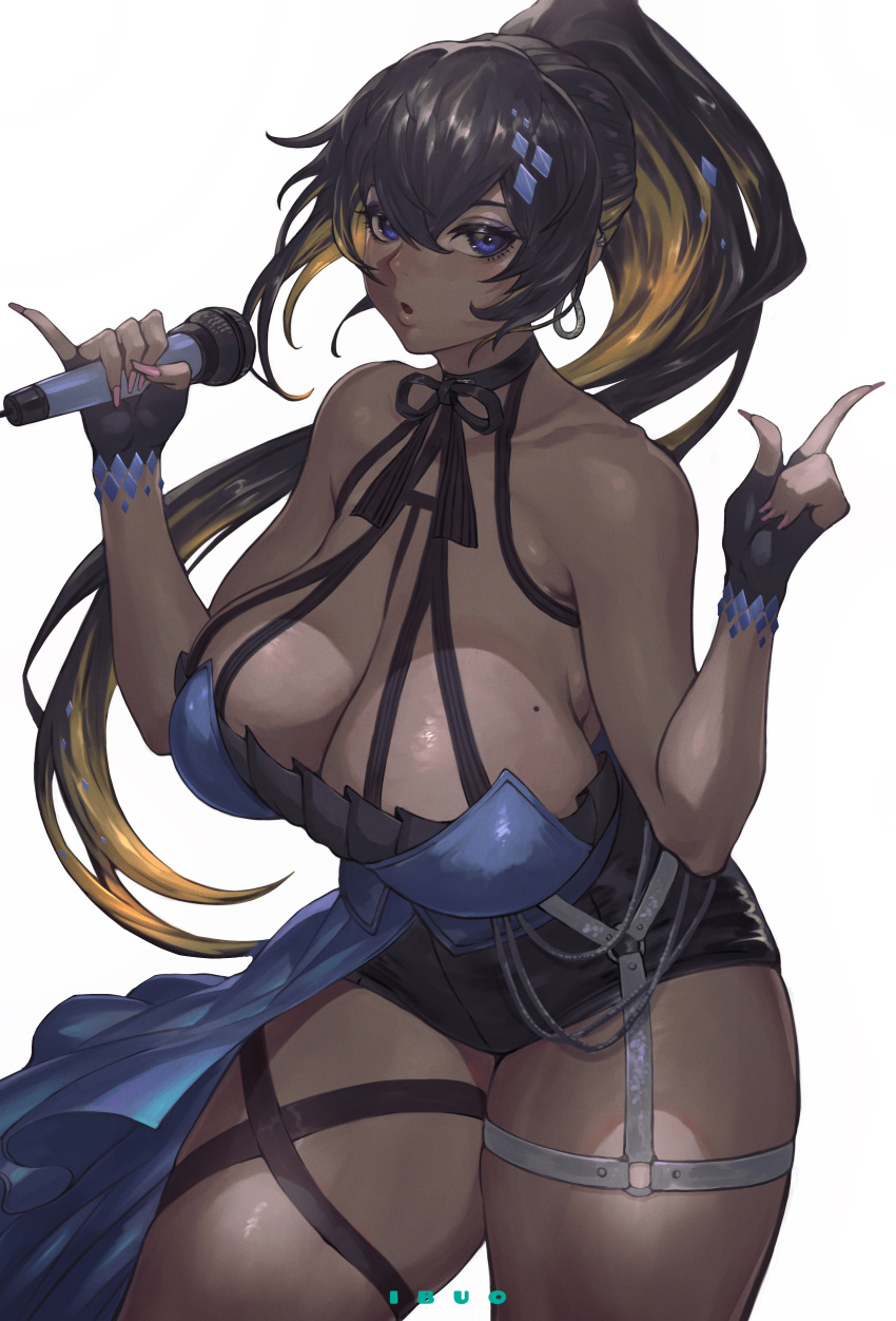 1girl absurdres artist_name bare_shoulders black_hair blonde_hair breasts cowboy_shot curvy dark-skinned_female dark_skin fingerless_gloves fingernails gloves goddess_of_victory:_nikke hair_between_eyes hair_ornament hands_up high_ponytail highres holding holding_microphone huge_breasts ibuo_(ibukht1015) index_finger_raised long_fingernails long_hair microphone mole mole_on_breast multicolored_hair nail_polish noise_(nikke) parted_lips pink_nails pinky_out purple_eyes simple_background solo thick_thighs thigh_strap thighs twisted_torso two-tone_hair very_long_hair white_background