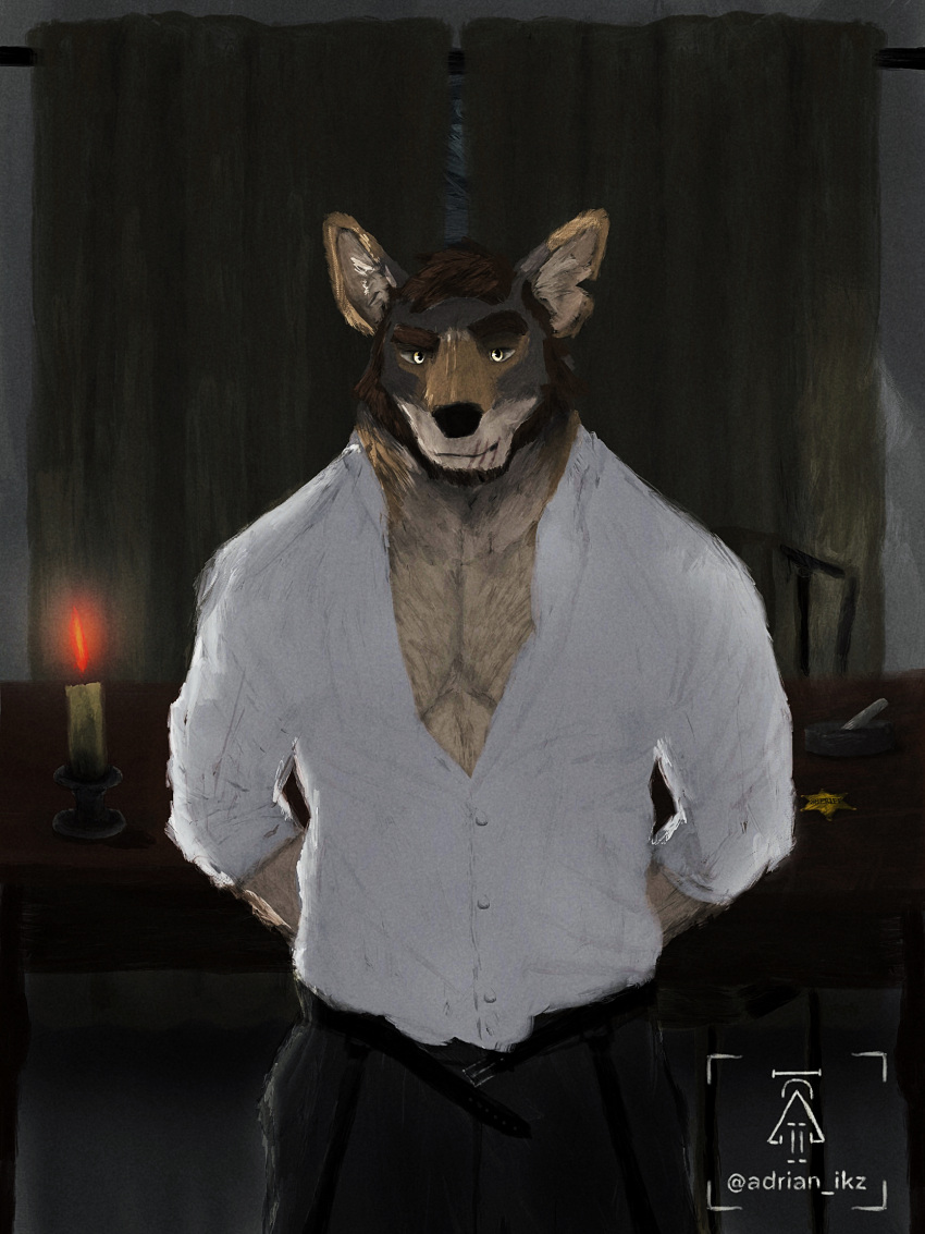 anthro big_pecs canid canine canis clothed clothing coyote echo_(game) echo_(series) echo_project facial_hair fur hair hi_res male male/male mammal muscular muscular_male open_clothing open_shirt open_topwear pecs sheriff shirt solo the_smoke_room topwear unbuckled_belt visual_novel william_adler