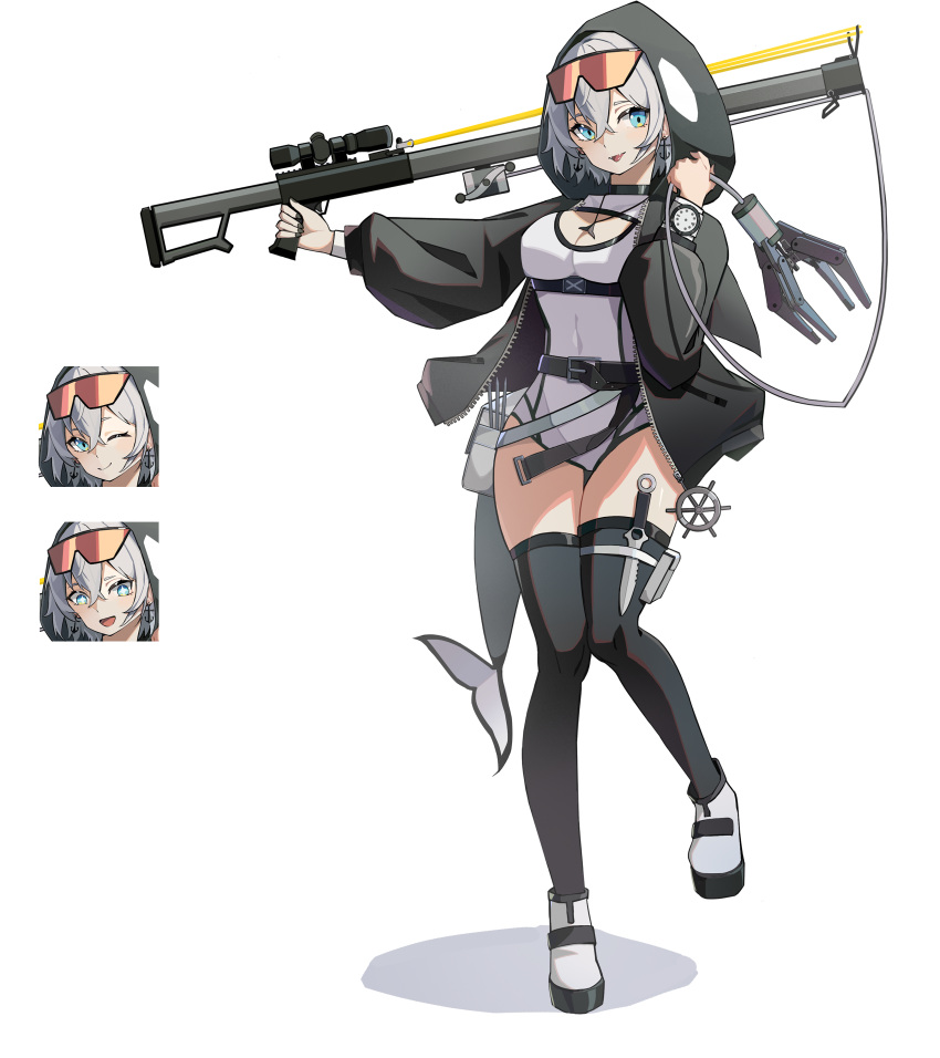 1girl absurdres anchor_earrings animal_hood belt black_belt black_choker black_jacket black_nails black_thighhighs blue_eyes breasts cetacean_tail choker cleavage_cutout clothing_cutout earrings expressions eyewear_on_head fins fish_tail full_body gun hair_between_eyes highres holding holding_gun holding_weapon hood hooded_jacket jacket jewelry knife leotard linyao1114 necklace one_eye_closed open_clothes open_jacket open_mouth orca_girl orca_hood original pouch puffy_sleeves scope shadow ship's_wheel solo sparkling_eyes tail thigh_pouch thighhighs unzipped watch weapon white_footwear white_leotard wristwatch