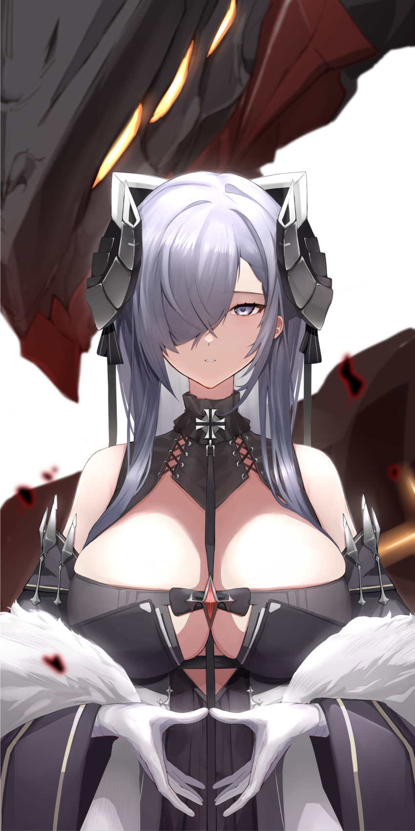 1girl absurdres august_von_parseval_(azur_lane) azur_lane bare_shoulders black_dress black_horns breasts coat cross curled_horns dress fur-trimmed_coat fur_trim gloves hair_over_one_eye highres horns iron_cross large_breasts long_hair long_sleeves looking_at_viewer non-humanoid_robot off_shoulder parted_lips purple_eyes purple_hair robot robot_dragon showmoo simple_background solo upper_body white_background white_gloves wide_sleeves