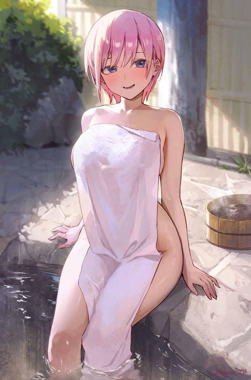 1girl absurdres artist_name bare_hips blurry blurry_background blush breasts bucket collarbone commentary_request covered_nipples day go-toubun_no_hanayome hair_between_eyes highres huge_breasts legs looking_at_viewer lower_teeth_only medium_hair nakano_ichika naked_towel onsen open_mouth pink_hair plant purple_eyes sideboob sitting smile soaking_feet solo sooon teeth thighs towel twitter_username water white_towel wooden_bucket