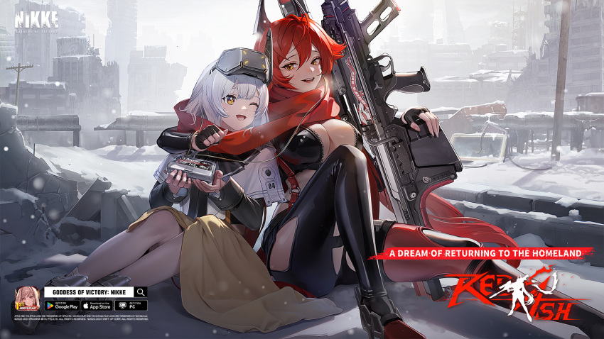 black_gloves blanc_(nikke) breasts cellphone_app cleavage fingerless_gloves gloves goddess_of_victory:_nikke gun hair_between_eyes highres holding holding_gun holding_weapon horns jacket large_breasts long_hair navel official_art open_clothes red_hair red_hood_(nikke) red_scarf scarf smile unzipped weapon white_hair yellow_eyes