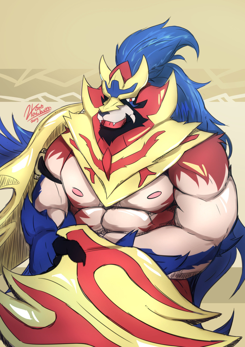 2019 abs absurd_res anthro anthrofied armor biceps blue_body blue_fur blue_hair colored crowned_shield_zamazenta fur generation_8_pokemon grey_nose hachura hair hi_res legendary_pokemon long_hair male multicolored_body multicolored_fur muscular muscular_anthro muscular_male nintendo nipples open_mouth pecs pink_nipples pokemon pokemon_(species) red_body red_eyes red_fur shield signature solo tan_body tan_fur triceps unconvincing_armor zamazenta