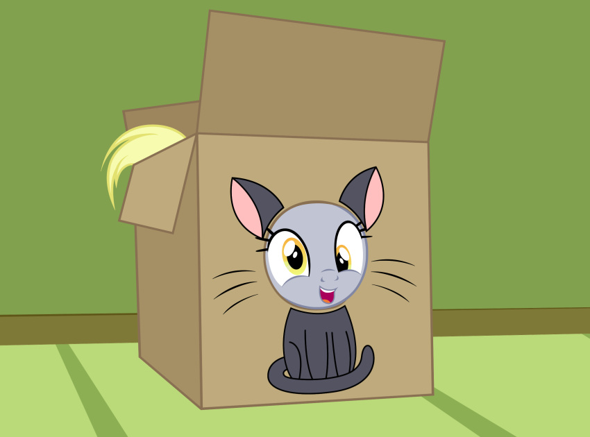 badumsquish box cardboard cardboard_box container derp_eyes derpy_hooves_(mlp) domestic_cat equid equine felid feline felis friendship_is_magic hasbro hi_res hole_in_box mammal my_little_pony tail yellow_eyes yellow_tail