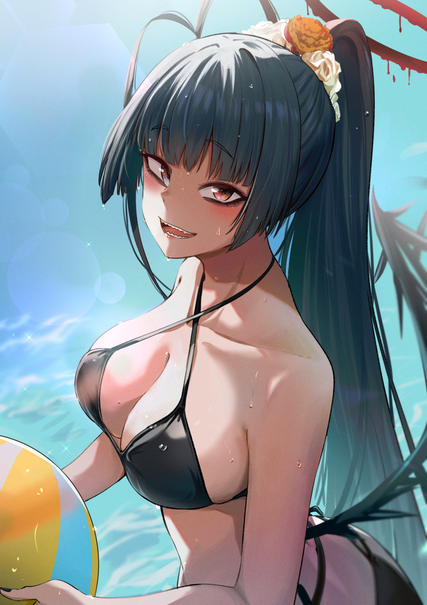 1girl absurdres ankoku_kishi_m antenna_hair ball beachball bikini black_bikini black_hair black_wings blue_archive blush breasts cleavage collarbone day halo highres holding holding_ball holding_beachball large_breasts long_hair looking_at_viewer ocean official_alternate_costume open_mouth outdoors ponytail red_eyes red_halo solo swimsuit tsurugi_(blue_archive) tsurugi_(swimsuit)_(blue_archive) upper_body wings