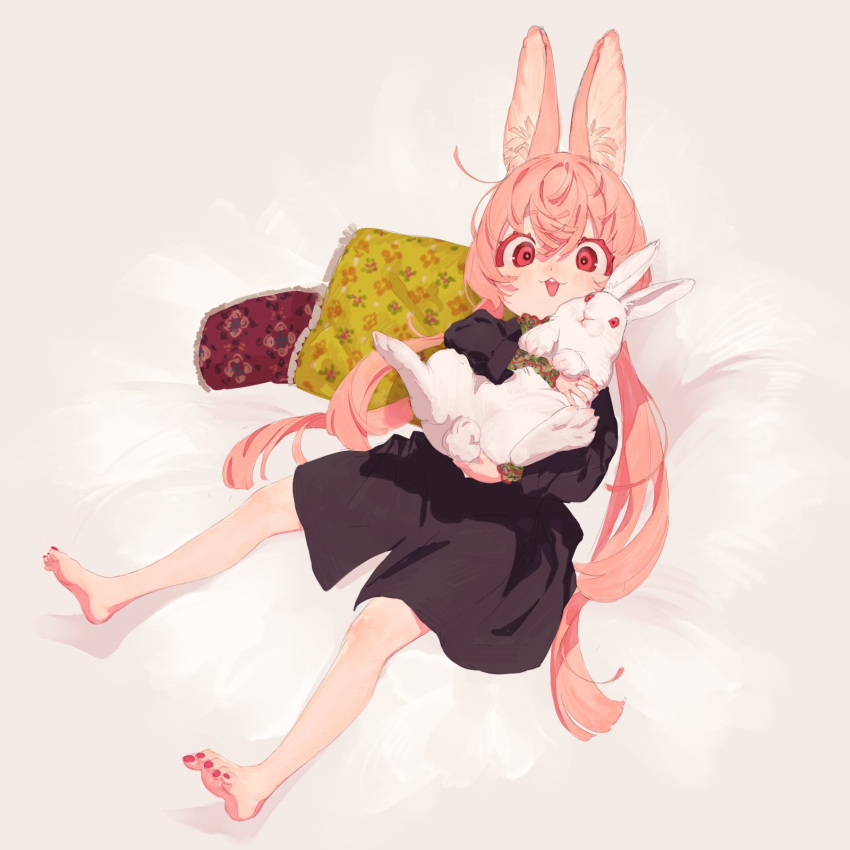 1girl :3 animal_ears animal_hug barefoot bed_sheet black_dress crossed_bangs dress frilled_pillow frills full_body hair_between_eyes highres long_hair long_sleeves looking_at_viewer low_twintails open_mouth original ozyako pillow pink_eyes pink_hair rabbit rabbit_ears red_eyes solo twintails white_background