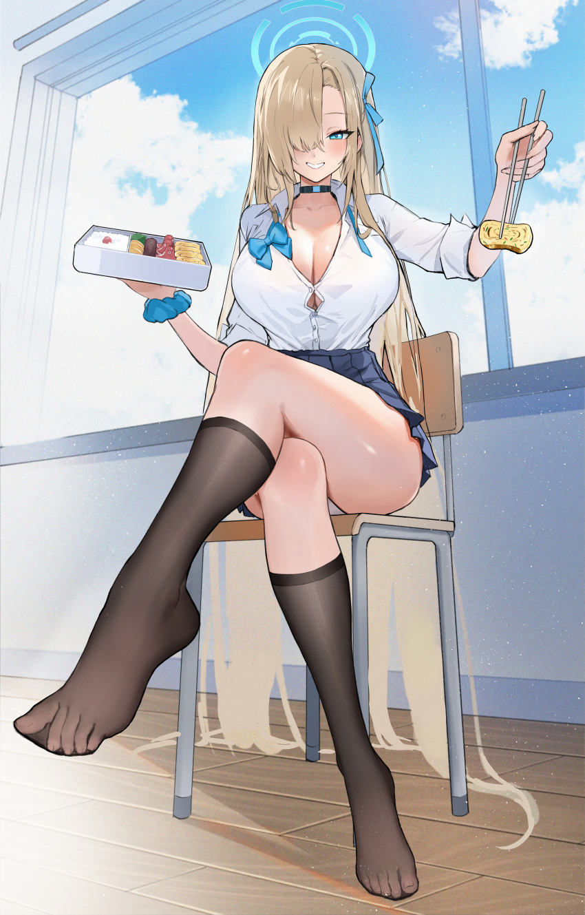 1girl absurdres asuna_(blue_archive) black_choker black_socks blonde_hair blue_archive blue_bow blue_bowtie blue_eyes blue_halo blue_scrunchie blue_skirt blue_sky bow bowtie breasts choker chopsticks cleavage cloud commentary_request crossed_legs feet foot_focus grin hair_over_one_eye halo highres holding holding_bento holding_chopsticks hovaku indoors kneehighs large_breasts long_hair looking_at_viewer looking_down no_shoes on_chair one_eye_covered pleated_skirt scrunchie shirt shirt_tucked_in sitting skirt sky smile socks soles solo thighs undone_bowtie white_shirt window wrist_scrunchie