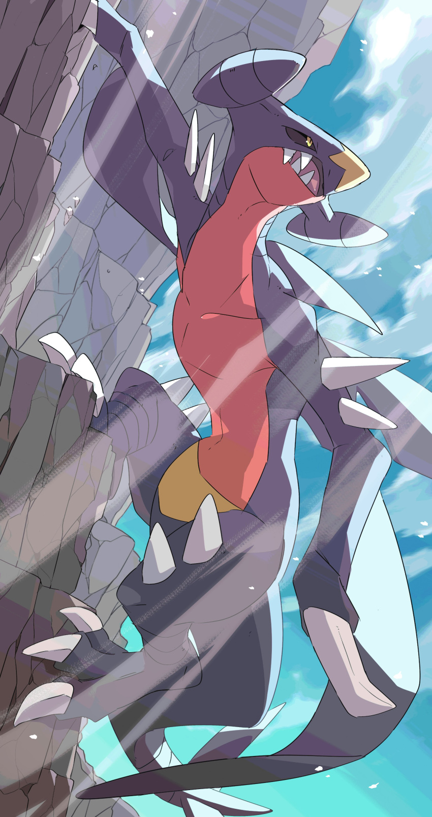 2023 absurd_res ambiguous_gender arm_spikes barefoot big_tail big_teeth black_sclera claws cliff climbing cloud detailed featureless_crotch feet feral fin garchomp generation_4_pokemon hi_res leg_spikes light long_tail looking_away maruyaki45 multicolored_body multicolored_nose multicolored_skin nintendo nude open_mouth outside pecs pink_tongue pokemon pokemon_(species) portrait pupils purple_body purple_nose purple_skin purple_tail raised_arm raised_leg red_body red_skin rock scalie shadow sharp_claws sharp_teeth skinny sky slit_pupils solo spikes spikes_(anatomy) spread_legs spreading sunlight tail teeth thick_tail thick_thighs toe_claws tongue toony wide_eyed yellow_body yellow_eyes yellow_nose yellow_skin