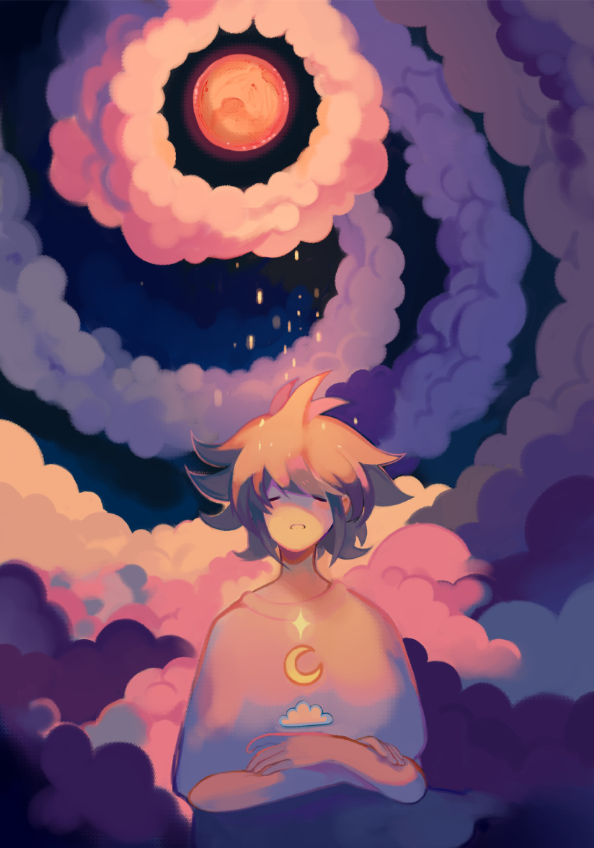 1boy antenna_hair blue_shirt blush_stickers closed_eyes cloud cloud_print commentary crescent_print crossed_arms english_commentary frown full_moon highres hoshi-pan light_brown_hair male_focus moon night original parted_lips redrawn shirt short_hair solo spiral_background star_(sky) t-shirt teeth upper_body