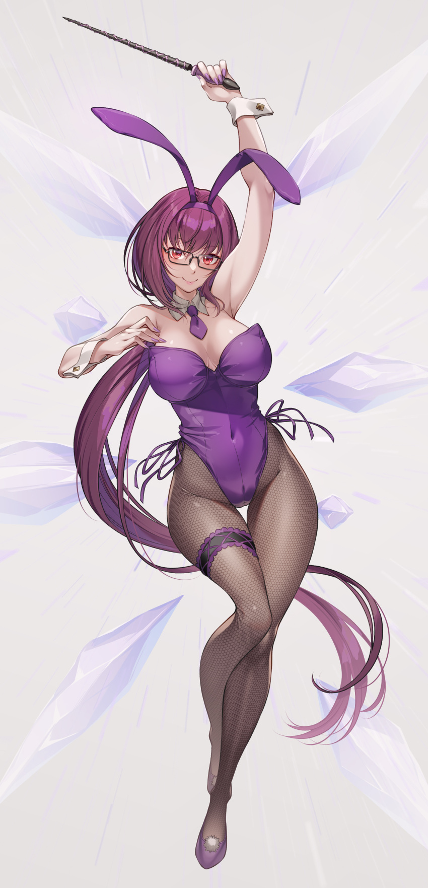 1girl absurdres animal_ears arm_up bare_shoulders breasts brown_pantyhose cleavage closed_mouth cosplay covered_navel crystal detached_collar fake_animal_ears fate/grand_order fate_(series) fishnet_pantyhose fishnets full_body glasses hair_between_eyes high_heels highleg highleg_leotard highres large_breasts leotard long_hair looking_at_viewer low_ponytail mukunokino_isshiki necktie pantyhose playboy_bunny purple_hair purple_leotard rabbit_ears red_eyes scathach_(fate) scathach_(fate)_(cosplay) scathach_(piercing_bunny)_(fate) scathach_skadi_(fate) smile staff very_long_hair wrist_cuffs