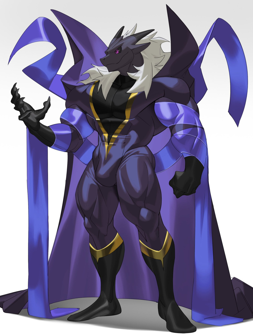 5_fingers anthro bandage black_body black_clothing black_sclera bulge cape clothing cxcxxcxxxx dragon fingers gloves handwear hi_res horn male muscular muscular_anthro muscular_male purple_clothing purple_eyes rubber rubber_clothing simple_background solo suit white_background