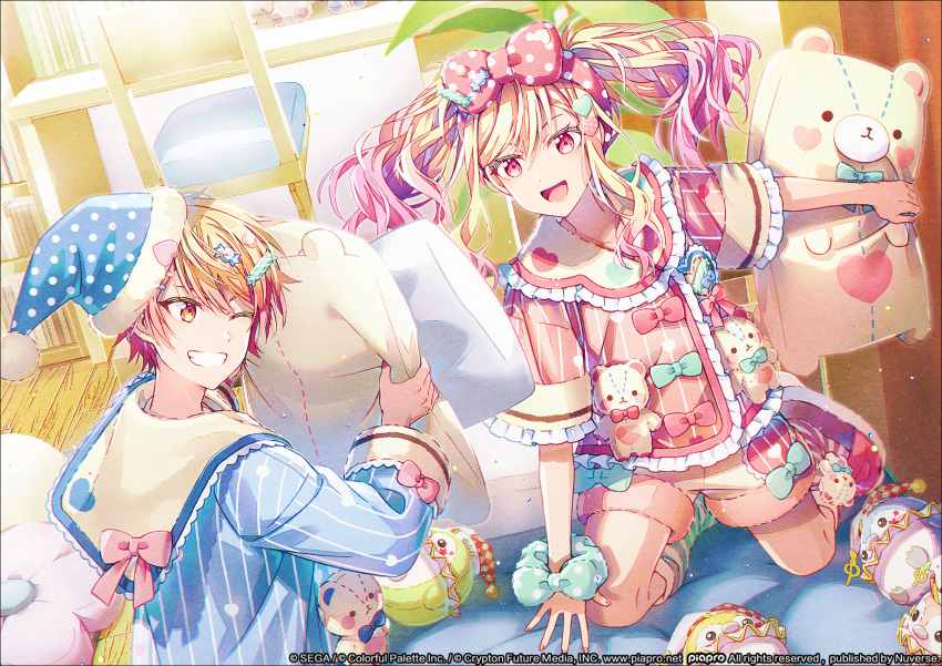 1boy 1girl animal_pillow asymmetrical_legwear bed bedroom blonde_hair blue_pajamas book bookshelf bow brother_and_sister candy_hair_ornament chair checkered_clothes checkered_headwear collared_shirt colored_tips crypton_future_media curtains desk floating_hair floor food-themed_hair_ornament frilled_shirt_collar frilled_sleeves frills gradient_hair green_ribbon green_scrunchie grin hair_ornament hairband hairclip hakusai_(tiahszld) happy hat heart heart_hair_ornament heart_print highres indoors jester_cap kneeling leaf light_particles mismatched_legwear multicolored_hair neck_ruff nightcap on_bed one_eye_closed open_mouth orange_eyes pajamas piapro pillow pillow_fight pink_bow pink_eyes pink_hair pink_hairband pink_pajamas pink_ribbon pink_shirt pink_shorts plant polka_dot polka_dot_hairband polka_dot_headwear polka_dot_scrunchie pom_pom_(clothes) potted_plant project_sekai ribbon scrunchie sega shirt short_sleeves shorts siblings sidelocks slippers smile socks striped striped_pajamas striped_socks stuffed_animal stuffed_phoenix stuffed_toy swept_bangs teddy_bear tenma_saki tenma_tsukasa tsurime twintails two-tone_hair two-tone_headwear vertical-striped_pajamas vertical_stripes wavy_hair white_headwear wooden_chair wooden_floor