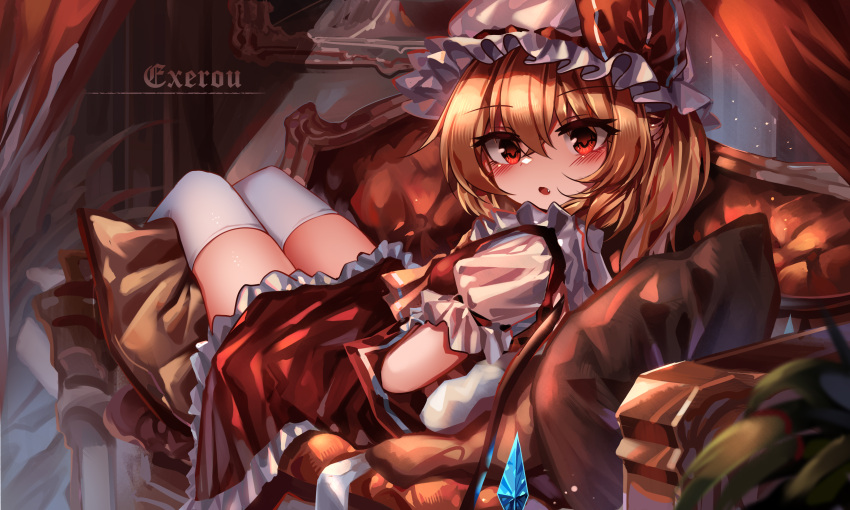 1girl absurdres artist_name ascot blonde_hair blush brown_pillow collared_shirt commentary_request couch crystal curtains fang feet_out_of_frame flandre_scarlet frilled_shirt_collar frilled_skirt frills full_body hair_between_eyes hat hat_ribbon highres indoors light_particles lips looking_at_viewer lying medium_hair mob_cap on_back on_couch open_mouth parted_lips pillow puffy_short_sleeves puffy_sleeves red_curtains red_eyes red_ribbon red_skirt red_vest ribbon ribbon-trimmed_headwear ribbon-trimmed_sleeves ribbon_trim shirt short_sleeves side_ponytail skirt skirt_set solo thighhighs thighs top-exerou touhou vest white_thighhighs wings yellow_ascot