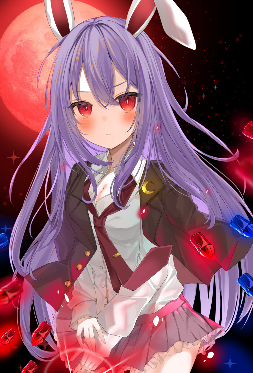 1girl absurdres animal_ears black_jacket blazer blush breasts bullet cleavage collared_shirt crescent crescent_pin danmaku full_moon hair_between_eyes highres jacket jacket_on_shoulders long_hair long_sleeves looking_at_viewer medium_breasts miniskirt moon necktie night night_sky okome2028 open_clothes open_jacket open_mouth own_hands_together pink_skirt pleated_skirt purple_hair purple_skirt rabbit_ears rabbit_girl red_eyes red_moon red_necktie reisen_udongein_inaba shirt skirt sky slit_pupils solo star_(sky) staring starry_sky touhou very_long_hair white_shirt