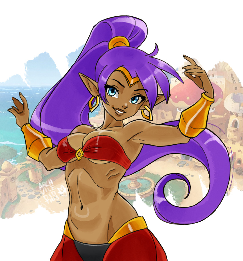 2023 absurd_res archvile_(artist) blue_eyes breasts brown_body brown_skin cleavage clothed clothing ear_piercing ear_ring female genie hair hi_res humanoid humanoid_pointy_ears long_hair looking_at_viewer navel not_furry piercing ponytail purple_hair ring_piercing shantae shantae_(series) smile solo wayforward