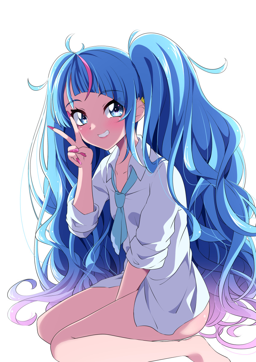 1girl absurdres ahoge alternate_hairstyle blue_eyes blue_hair commentary_request eyelashes gradient_hair happy highres hirogaru_sky!_precure long_hair looking_at_viewer magical_girl messy_hair multicolored_hair pink_hair pink_nails precure s-operator shirt simple_background sitting smile solo sora_harewataru streaked_hair twintails v very_long_hair white_background white_shirt