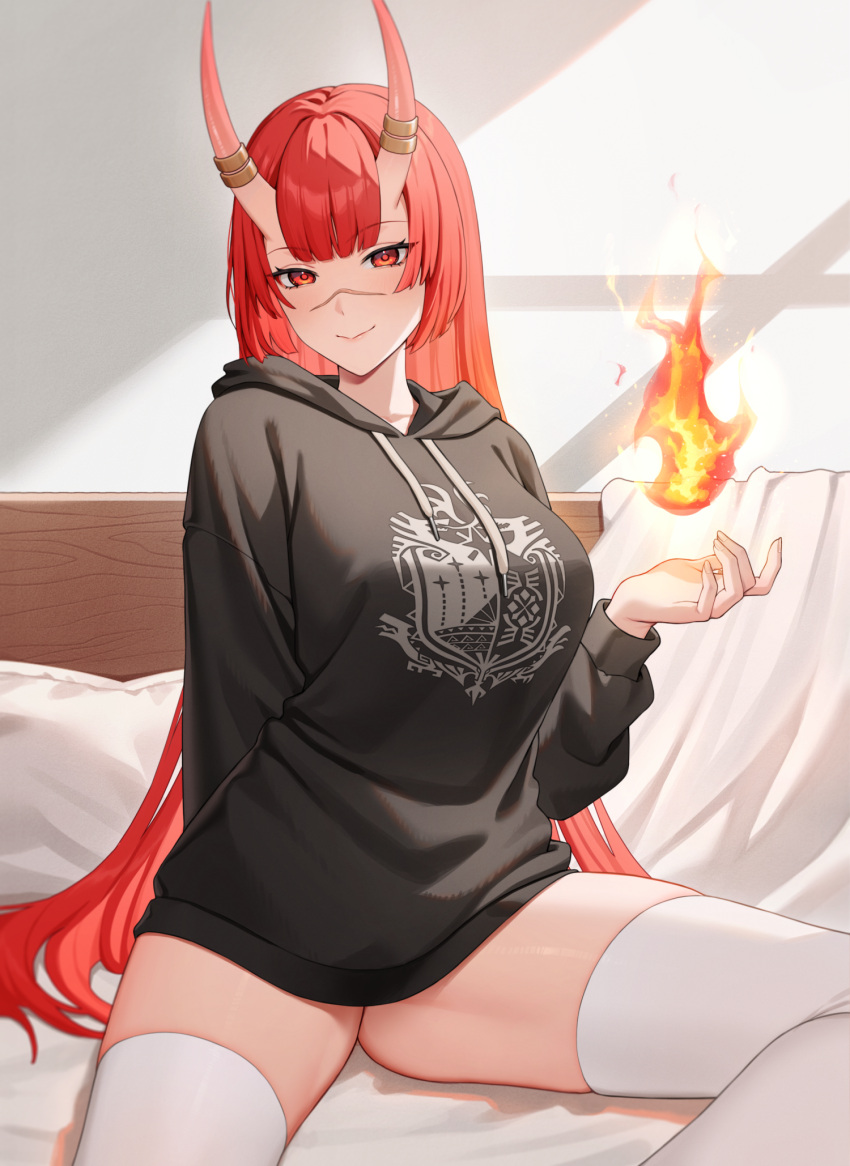 1girl blunt_bangs breasts commission fire highres horn_ornament horn_ring horns indoors large_breasts long_hair looking_at_viewer original red_eyes red_hair reiji-rj scar scar_on_face scar_on_nose sitting solo thighhighs white_thighhighs