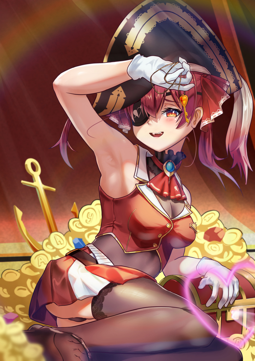 1girl absurdres arm_up armpits ascot black_choker black_headwear black_thighhighs breasts choker cleavage coin cropped_jacket eyepatch frilled_choker frills gloves gold_coin hair_ribbon hat highres holding holding_key hololive houshou_marine houshou_marine_(1st_costume) jacket key kurere1202 lace-trimmed_legwear lace_trim large_breasts leotard leotard_under_clothes long_hair miniskirt open_mouth pirate_hat pleated_skirt red_ascot red_eyes red_hair red_jacket red_ribbon red_skirt ribbon skirt sleeveless sleeveless_jacket smile solo thighhighs treasure_chest twintails virtual_youtuber white_gloves