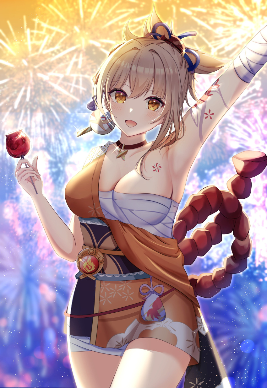 1girl absurdres arm_tattoo bandaged_arm bandaged_leg bandages blonde_hair breasts candy chest_sarashi chest_tattoo choker cocoa_11vv commentary_request cowboy_shot fireworks flower_tattoo food genshin_impact hadanugi_dousa head_tilt highres holding holding_candy holding_food japanese_clothes kimono large_breasts looking_at_viewer obi open_mouth orange_kimono red_choker rope sarashi sash shimenawa single_bare_shoulder solo tattoo vision_(genshin_impact) yellow_eyes yoimiya_(genshin_impact)