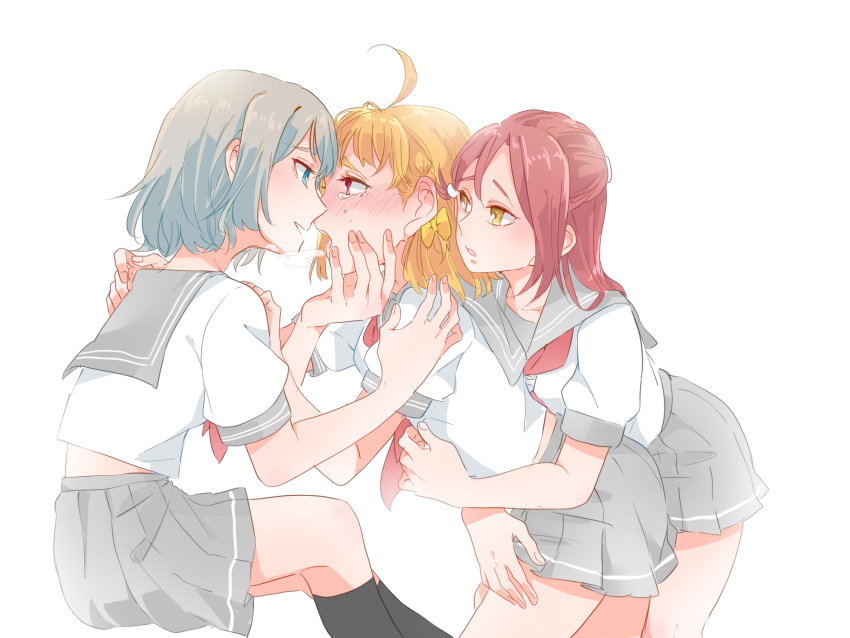 3girls ahoge black_socks blue_eyes blush bow braid commentary_request cowboy_shot eye_contact girl_sandwich grey_hair grey_sailor_collar grey_skirt hair_bow hair_ornament hairclip half_updo hand_on_another's_chin heavy_breathing highres hug hug_from_behind imminent_kiss invisible_chair kashikaze kneehighs long_hair looking_at_another love_live! love_live!_sunshine!! medium_hair multiple_girls neckerchief open_mouth orange_hair parted_lips pleated_skirt puffy_short_sleeves puffy_sleeves red_eyes red_hair red_neckerchief sailor_collar sakurauchi_riko sandwiched school_uniform serafuku shirt short_hair short_sleeves side_braid sidelocks simple_background single_sidelock sitting skirt socks takami_chika tearing_up teeth upper_teeth_only uranohoshi_school_uniform watanabe_you white_background white_shirt yellow_bow yellow_eyes yuri