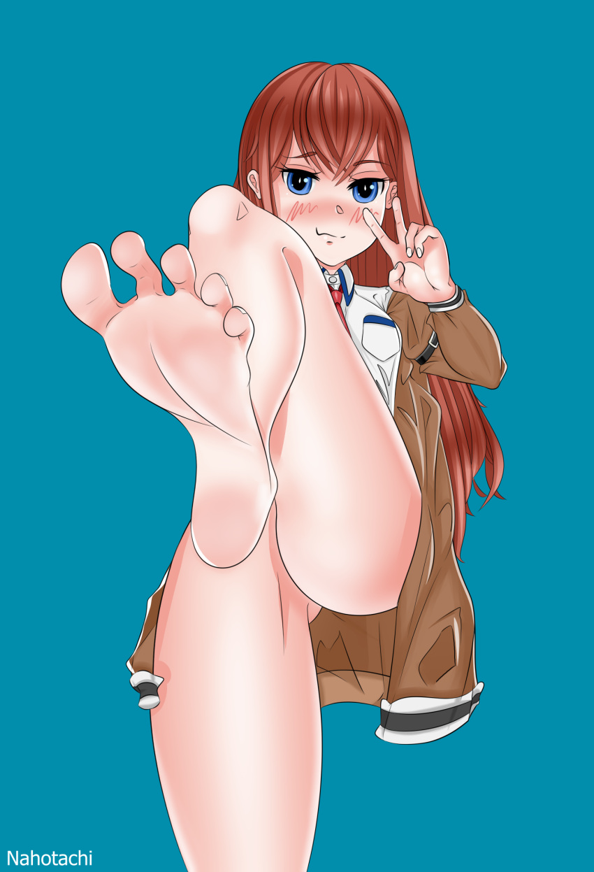 1girl ass bare_legs barefoot blue_eyes collared_shirt feet foot_focus foot_out_of_frame foot_up hair_between_eyes highres jacket knees_up makise_kurisu md5_mismatch red_hair shirt simple_background smile soles spread_toes standing steins;gate thick_thighs thighs toes white_shirt