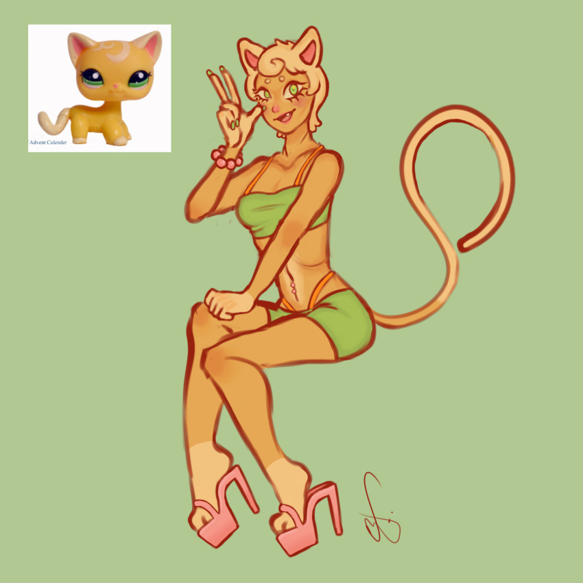 anthro blonde_hair bottomwear bracelet breasts clothing collarbone colored_nails crop_top domestic_cat faunfaced felid feline felis female footwear fur gloves_(marking) green_eyes hair hasbro hi_res high_heels humanoid_hands jewelry leg_markings littlest_pet_shop lps_2194 mammal markings miniskirt nails navel navel_piercing open_mouth open_smile orange_body orange_fur piercing platform_footwear platform_heels real reference_image shirt skinny skinny_tail skirt small_breasts smile socks_(marking) solo tail thong_straps topwear toy