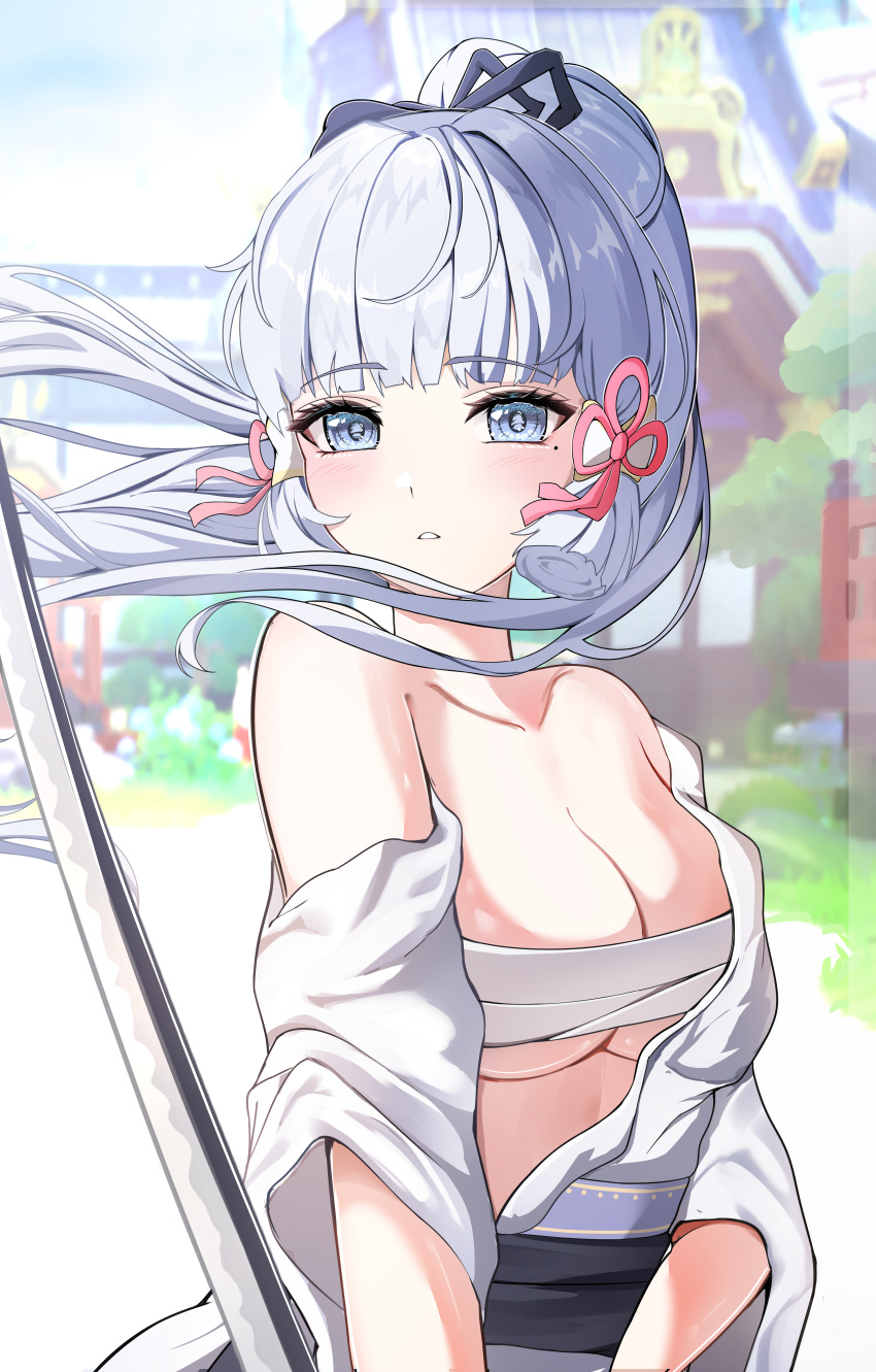 1girl absurdres bandages blue_eyes blue_hair blunt_bangs blunt_tresses blurry blurry_background blush breasts budget_sarashi cleavage collarbone flower_knot genshin_impact hair_ribbon highres holding holding_sword holding_weapon japanese_clothes kamisato_ayaka kimono light_blue_hair long_hair looking_at_viewer mole mole_under_eye off_shoulder parted_lips ponytail ribbon sarashi solo sword tress_ribbon weapon white_kimono yeni1871