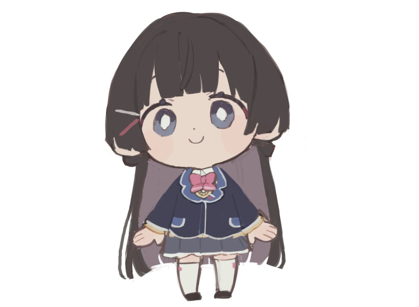 1girl arms_at_sides black_footwear black_hair black_jacket blazer blunt_bangs blush_stickers bow bowtie bright_pupils brown_sweater chibi closed_mouth collared_shirt full_body grey_eyes grey_skirt hair_ornament hairclip highres jacket kmgm_co long_hair looking_at_viewer nijisanji no_sclera pigeon-toed pink_bow pink_bowtie pleated_skirt school_uniform shirt shoes skirt smile solo standing staring sweater thighhighs tsukino_mito tsukino_mito_(1st_costume) very_long_hair virtual_youtuber white_background white_pupils white_shirt white_thighhighs