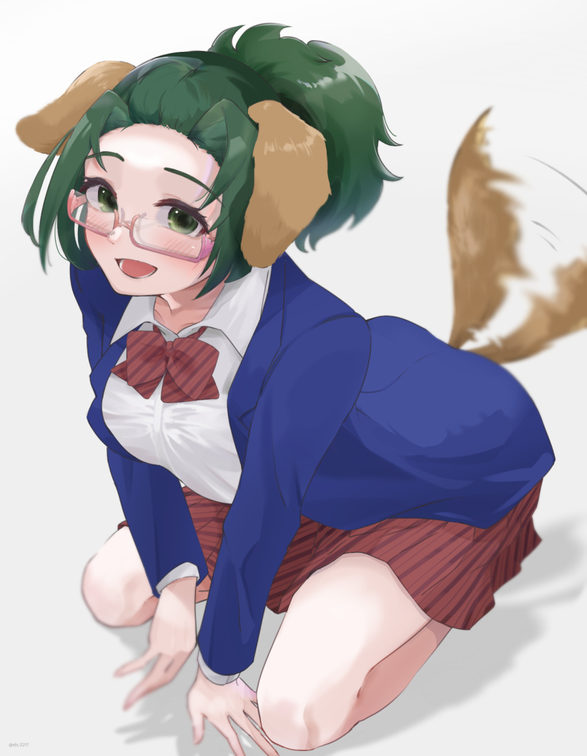 1girl agari_himiko animal_ears blazer blue_jacket blush bow breasts collared_shirt diagonal-striped_skirt dog_ears ebi_0217 glasses green_eyes green_hair highres jacket komi-san_wa_komyushou_desu large_breasts looking_at_viewer medium_hair ponytail school_uniform shirt simple_background sitting striped striped_bow thighs uniform white_shirt