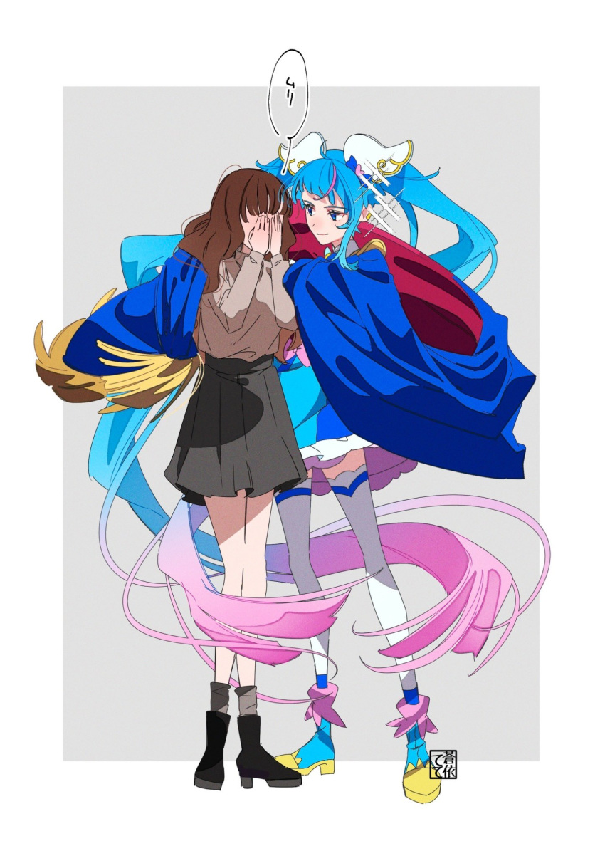 2girls ahoge blue_cape blue_dress blue_eyes blue_hair boots brown_hair cape commentary_request covering_face cure_sky dress gradient_hair hair_ornament highres hirogaru_sky!_precure long_hair looking_at_another magical_girl multicolored_hair multiple_girls pink_hair precure red_cape skirt smile sora_harewataru speech_bubble standing streaked_hair tete_a thighhighs thighs translation_request twintails two-tone_cape two-tone_hair very_long_hair white_thighhighs wing_hair_ornament