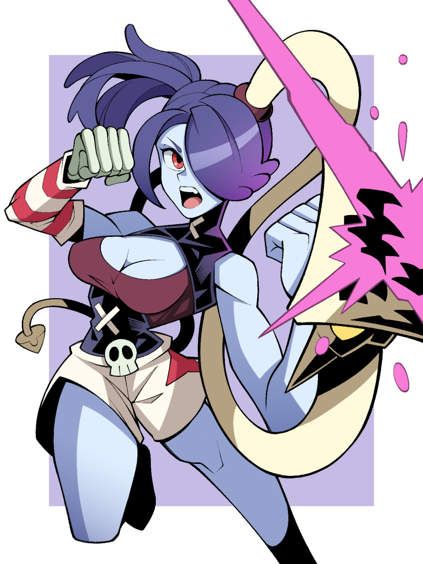 blue_skin breasts cleavage cleavage_cutout clothing_cutout colored_skin detached_sleeves feet_out_of_frame highres leviathan_(skullgirls) looking_at_viewer open_mouth punching red_eyes shorts side_ponytail skullgirls squigly_(skullgirls) striped_sleeves teeth upper_teeth_only user_hhpf8775