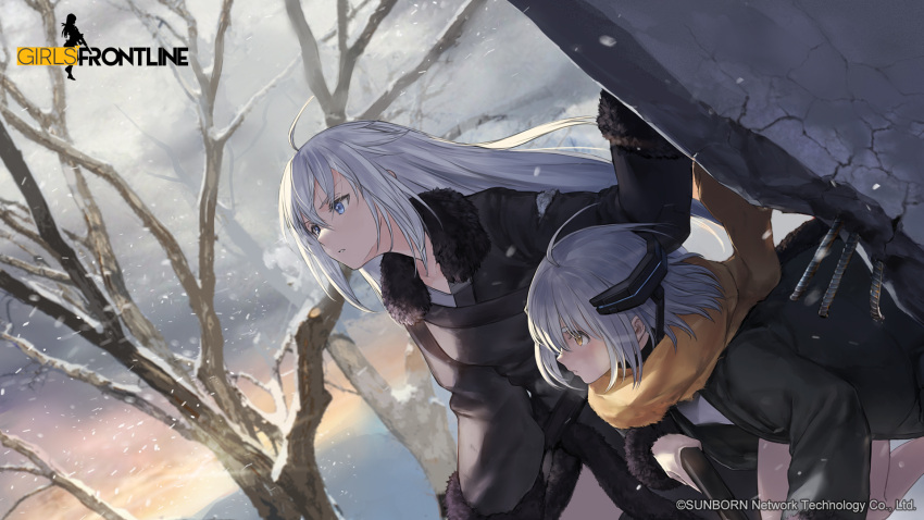2girls ahoge april_fools bare_tree blue_eyes character_request codename:_bakery_girl copyright_name girls'_frontline gun highres holding holding_gun holding_weapon jefuty_(bakery_girl) long_hair multiple_girls official_art reverse_collapse_(series) short_hair snowing sunrise tree weapon white_hair winter_clothes yellow_eyes