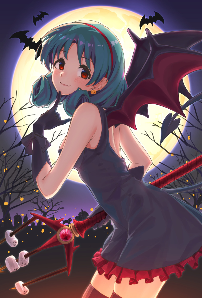 1girl back backless_dress backless_outfit bare_shoulders bare_tree bat_(animal) black_dress black_gloves blush breasts cityscape closed_mouth cowboy_shot demon_tail demon_wings dress earrings fake_tail fake_wings fang finger_to_own_chin food food-themed_earrings frilled_dress frills from_side full_moon gloves green_hair hairband halloween hand_up highres holding holding_polearm holding_weapon idolmaster idolmaster_million_live! idolmaster_million_live!_theater_days index_finger_raised jewelry kaiso_(kaisooekaki) large_breasts leaning_forward looking_at_viewer marshmallow moon night night_sky outdoors parted_bangs polearm pumpkin_earrings red_eyes red_hairband red_thighhighs short_hair sky smile solo standing tail thighhighs tokugawa_matsuri tree weapon wings zettai_ryouiki