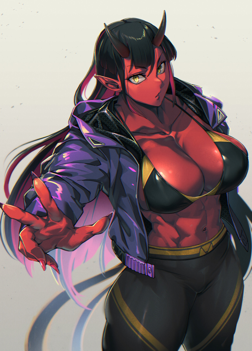 2022 abs athletic athletic_female big_breasts bikini bikini_top black_hair bottomwear breasts cleavage clothed clothing demon female hair hi_res horn humanoid humanoid_pointy_ears jacket mikel_(4hands) nails navel not_furry pants red_body red_skin sharp_nails solo swimwear topwear yellow_eyes