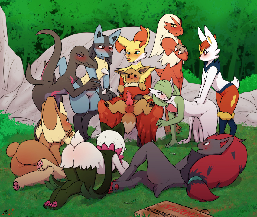 all_fours animal_genitalia animal_penis anthro avian balls blaziken blush canine_genitalia canine_penis chest_spike cinderace crossed_arms delphox eevee erection featureless_crotch female feral flat_chested freckles fur gardevoir generation_1_pokemon generation_3_pokemon generation_4_pokemon generation_5_pokemon generation_6_pokemon generation_7_pokemon generation_8_pokemon generation_9_pokemon genitals green_body green_fur grey_body grey_fur group hair hair_over_eye harem hi_res humanoid knot lagomorph larger_anthro larger_female lopunny lucario male male/female mammal meowscarada mr.smile nintendo nude one_eye_obstructed outside penis pokemon pokemon_(species) pussy reptile rock salazzle scalie scuted_arms scutes sitting size_difference smaller_feral smaller_male smile spikes spikes_(anatomy) zoroark