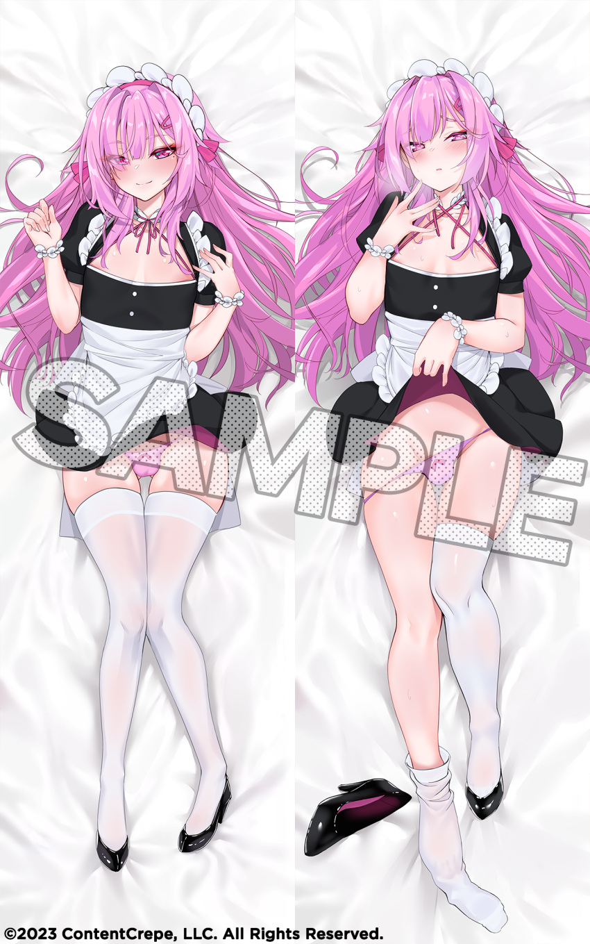 1boy apron bed_sheet black_dress black_footwear breasts bulge cleavage clothes_lift copyright crossdressing dakimakura_(medium) dress dress_lift eyeshadow feet fine_fabric_emphasis frilled_apron frilled_hairband frills from_above girls!_girls!_girls!? hair_over_one_eye hair_ribbon hairband hand_up hands_up hayasaka_kaede high_heels highres knees_together_feet_apart legs long_hair looking_at_viewer lying maid maid_apron maid_headdress makeup male_focus male_maid mole mole_under_eye multiple_views no_shoes on_back otoko_no_ko panties pectoral_cleavage pectorals pink_eyes pink_hair pink_panties puffy_chest ribbon sample_watermark shiny_skin sidelocks smile thighhighs thighs toes underwear watermark white_thighhighs